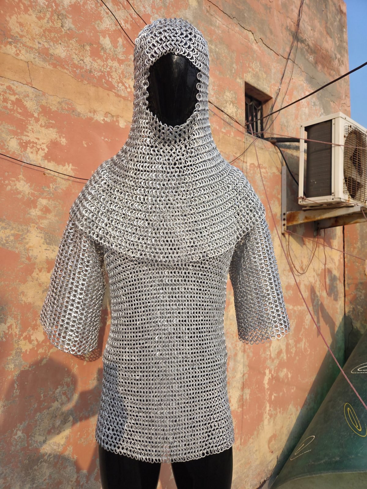 9mm Aluminium Chainmail Shirt with Coif Full Set, flat riveted rings with washers, colour anodized