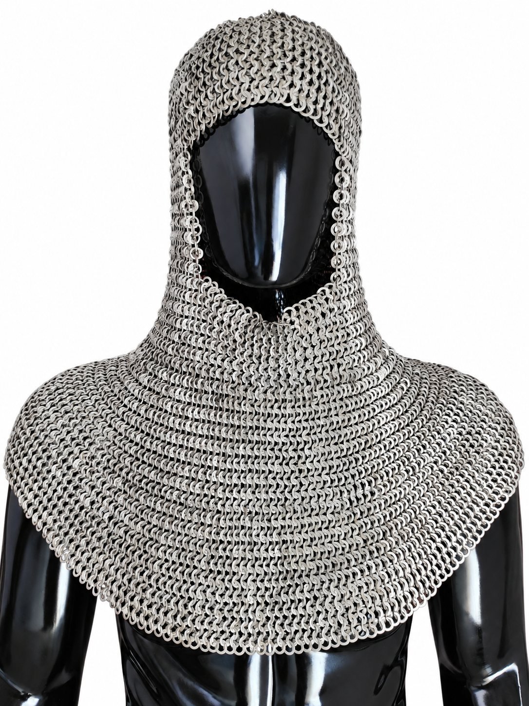 Handcrafted 7mm riveted chainmail coif, front view